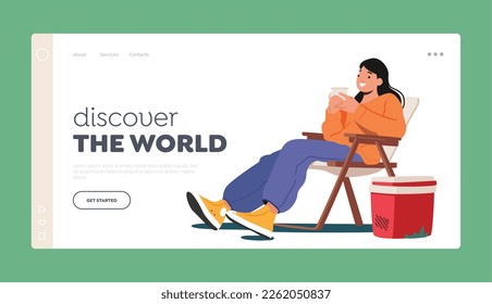 Discover the World Landing Page Template. Woman Relax On Daybed, Drink Tea In Camping. Cozy, Peaceful Scene with Female Character Enjoying Nature and Hot Beverage. Cartoon People Vector Illustration