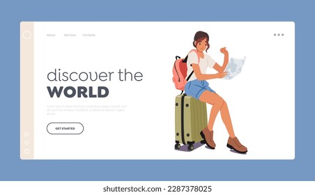 Discover the World Landing Page Template. Young Woman Sitting On Suitcase Holding A Map Planning Her Adventure. Image Ideal For Travel-related Content or Blog. Cartoon Vector Illustration