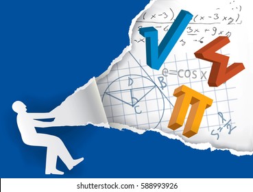 Discover the world of math. Human silhouette ripping paper with mathematics symbols and notes. Vector