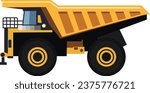 Discover the world of mining with our detailed flat vector illustration of a heavy-duty mining vehicle, the dump truck. Perfect for construction, quarrying, and industrial projects.