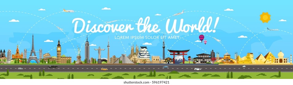 Discover the World poster with famous attractions vector illustration. Torii Gate, Statue of Liberty, Big Ben, Fujiyama, Eiffel Tower, Buddha statue and other. Worldwide traveling, time to travel