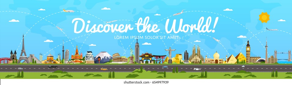 Discover the World poster with famous attractions vector illustration. Sphinx, Himeji Castle, Toronto TV tower, Torii gate, Egyptian pyramid, Old Town Square and other. Worldwide traveling concept