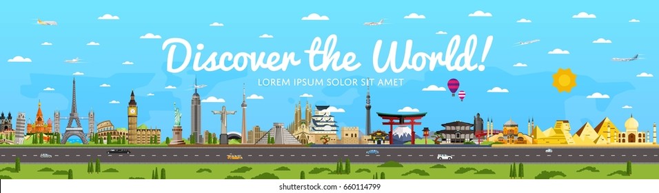 Discover the World poster with famous attractions vector illustration. Taj Mahal, Todaydzi, Sagrada Familia, Chichen Itza pyramid, Empire State Building and other. Tour guide for traveling agency