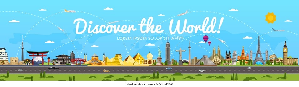 Discover the World poster with famous attractions vector illustration. Sphinx, Himeji Castle, Toronto TV tower, Torii gate, Egyptian pyramid, Old Town Square and other. Worldwide traveling concept