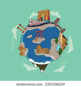 Discover the world with this colorful vector illustration of famous landmarks from around the globe. Perfect for travel posters, brochures, and websites.