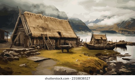 Descubra el mundo de los vikingos de alta resolución Viking Village Vector Art que representa el patrimonio nórdico y la cultura de los guerreros legendarios