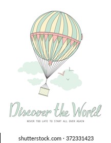 Discover the world. Vintage motivational postcard with balloon