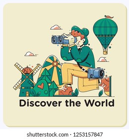 Discover the World.Travel explore, discover and trip to world. Tourist looking through binoculars in the country.Vector line art