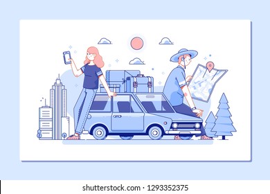 Discover the World.Travel explore, discover and trip to world. Couple of tourists consulting a city guide and smartphone gps in the street searching locations