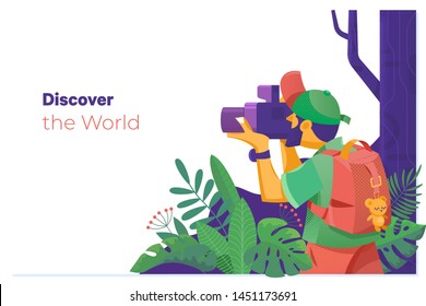 Discover the World.Travel explore, discover and trip to world. Photographer taking pictures in the middle of nature.Flat vector illustration