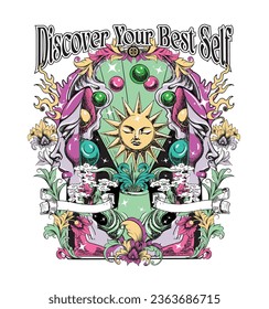 Discover Your Best Self  .Retro 70's psychedelic hippie mushroom illustration print with groovy slogan for man - woman graphic tee t shirt or sticker poster - Vector