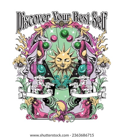 Discover Your Best Self  .Retro 70's psychedelic hippie mushroom illustration print with groovy slogan for man - woman graphic tee t shirt or sticker poster - Vector