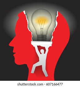 Discover Your Creativity.
Male head in profile with light bulb and male silhouette ripping paper background. Vector available