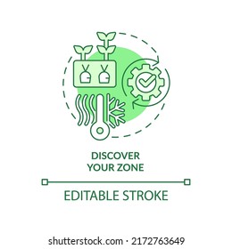 Discover your zone green concept icon. Climatic condition. Gardening tip abstract idea thin line illustration. Isolated outline drawing. Editable stroke. Arial, Myriad Pro-Bold fonts used