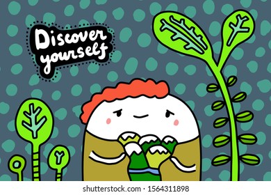Discover yourself hand drawn vector illustration in cartoon comic style man showing landcape inside his chest lettering