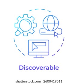 Discoverable blue gradient concept icon. Easy to find and index information. Characteristic of PWAs. Round shape line illustration. Abstract idea. Graphic design. Easy to use in presentation