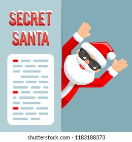 Discovered hands up surrender give up revealed secret santa claus peeking out corner cartoon flat character design poster isolated vector illustration