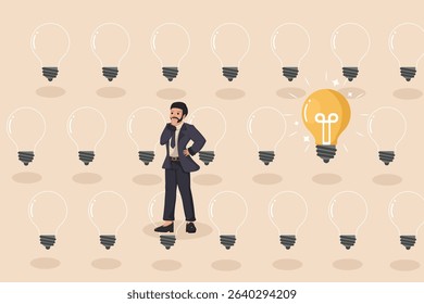 Discovering the Bright Idea: A Thoughtful Businessman Standing Among Many Dim Lightbulbs, with One Glowing Brilliantly, Symbolizing Finding the Right Solution and Innovation.