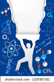 Discovering chemistry, ripped paper background.
Illustration of male silhouette ripping paper with chemistry symbols and notes. Place for your tex or image. Vector available.