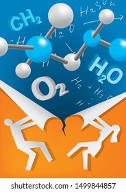 Discovering chemistry, ripped paper. Male and female silhouette ripping paper and discovering chemistry symbols and notes. Vector available. 