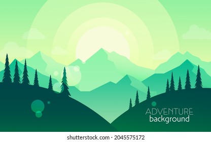 Discovering, exploring, adventure. Mountains Forest. Night, Day, Sunset. Vector polygonal landscape. Flat illustration. Minimalist style graphic design for flyers, banners, background, coupon, voucher