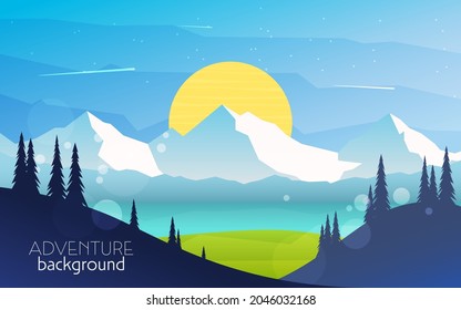 Discovering, exploring, adventure. Mountains Forest. Night, Day, Sunset. Vector polygonal landscape. Flat illustration. Minimalist style graphic design for flyers, banners, background, coupon, voucher