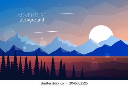 Descubrimiento, exploración, aventura. Bosque de las montañas. Noche, día, atardecer. Vector de paisaje poligonal. Ilustración plana. Diseño gráfico de estilo minimalista para volantes, banners, fondo, cupón, cupón
