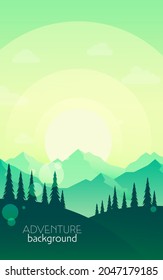 Discovering, exploring, adventure. Mountains Forest. Night, Day, Sunset. Vector polygonal landscape. Flat illustration. Minimalist style graphic design for flyers, banners, background, coupon, voucher