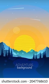 Discovering, exploring, adventure. Mountains Forest. Night, Day, Sunset. Vector polygonal landscape. Flat illustration. Minimalist style graphic design for flyers, banners, background, coupon, voucher
