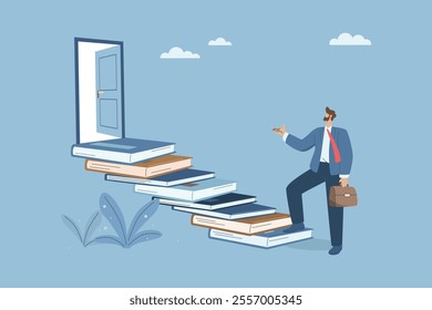 Discovering important opportunities from learning or education, Businessman climbs the book ladder to the door of opportunity, New knowledge and wisdom for great success, Development concept.
