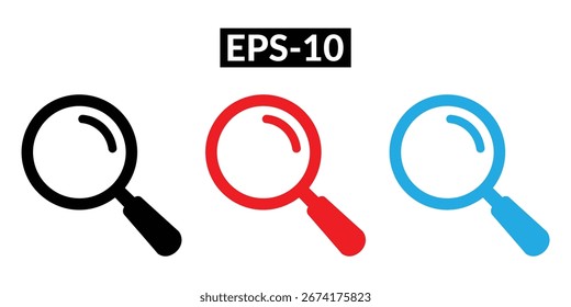 Discovering insights with vibrant magnifying glass icons in black, red, and blue, perfect for search and analysis concepts.