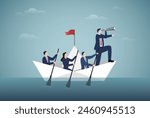 Discovering new business opportunities and investments, Vision and goal setting, Business team is rowing boat with binoculars standing in paper boat and looking forward, Vector design illustration.