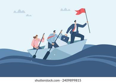 Discovering new business opportunities and investments, Vision and goal setting, Business team is rowing a boat with the leader holding a flag in paper boat and looking forward, Vector illustration.