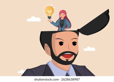 Discovering New Ideas A person with an open head, symbolizing new thoughts, with a woman holding a lightbulb representing an idea.