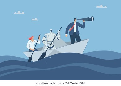 Discovering new opportunities and business investments with the support of AI, Working with artificial intelligence, Business team and robots are rowing paper boats with binoculars looking forward.