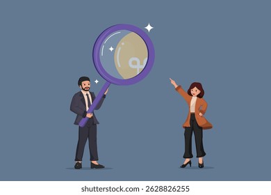Discovering Potential Ideas Businessman Using a Huge Magnifying Glass to Observe a Subtle Lightbulb Shape Pointed Out by a Woman.