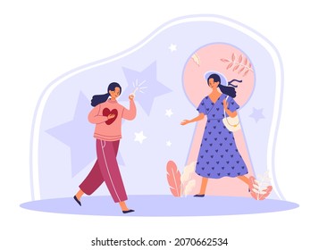 Discovering self Identity. Woman finds romantic side of her subconscious. Metaphor of meeting with opposite part of yourself. Psychological technique. Cartoon contemporary flat vector illustration