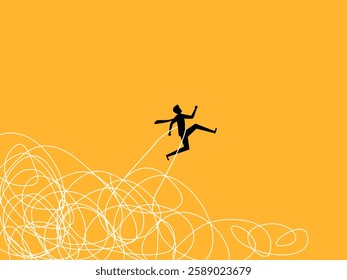 Discovering a Solution. Businessman Jumps Away from Chaos