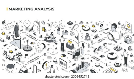 Discovering valuable information for business. Small figures engaging with marketing analysis tools. Scenes include market, user analysis, performance evaluation, growth opportunities. Isometric view