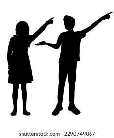 Discovering the Wonders of the Sky: Vector Silhouette Illustration of  Boy and Girl Pointing Upwards, Gazing at the Marvels of the Sky and Imagining Endless Possibilities