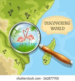 Discovering world background with vintage map and magnifier and vector illustration