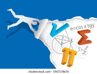 
Discovering of world of math, flying man,tearing paper.
Human silhouette ripping paper with  3d mathematics symbols and notes. Vector available.