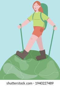 Entdecken Sie die Welt durch Reisen. Aktiver Lebensstil. Liebe zum Abenteuer. Wandern als Hobby. Eine Touristin mit rotem Haar und einem Rucksack geht über die ganze Welt. 
Flache Illustration
