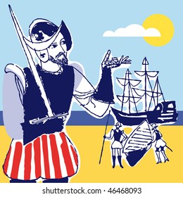 Discovery america Spanish soldier, 1492, vector illustration