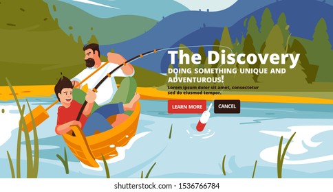 Discovery banner. Family trekking, river rafting and fishing. Family adventure in the mountains. Father and son fishing in a boat. Summer vacation. Concept of discovery, exploration, hiking.