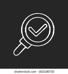 Discovery chalk white icon on black background. Magnifying glass with checkmark. Research completed. Zoom with loupe. Right answer. Find information. Isolated vector chalkboard illustration