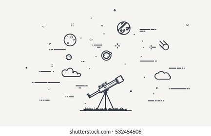 Discovery concept. Flat style, thick and thin line design of telescope looking to the stars and planets. Science discover.