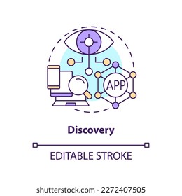 Discovery concept icon. Finding new online resources. Layer of metaverse abstract idea thin line illustration. Isolated outline drawing. Editable stroke. Arial, Myriad Pro-Bold fonts used