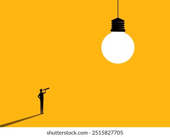 Discovery and Creation. Businessman looks at a big light bulb