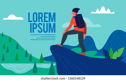 Discovery, exploration, hiking, adventure tourism and travel. Human people with backpack. Explorer or traveller standing on top of mountain. Flat vector illustration style